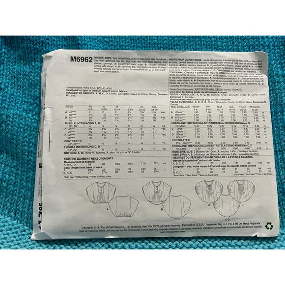 McCalls 6962 Sewing pattern top flutter sleeve size L XL XXL - Picture 3 of 7